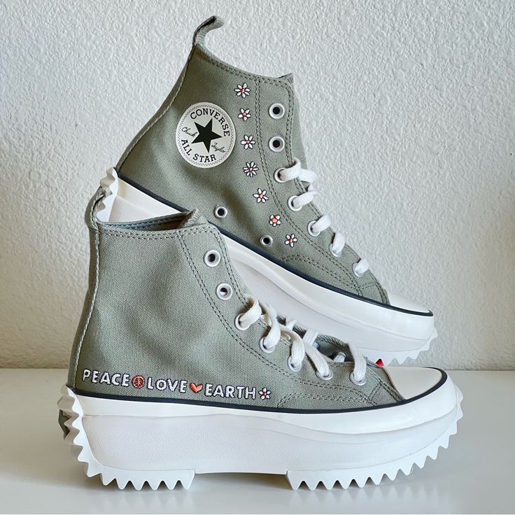 Converse Run Star Hike High Top Platform Shoes 'Peace, Love, Earth' In An Earthy Sage Green Colorway With Embroidered Floral Daisy Patterns. Condition: New Color: Light Field Surplus/Egret Style Code: A08193c Available Sizes: Women's 7 = Men's 5.5 Women's 7.5 = Men's 6 Women's 8 = Men's 6.5 Women's 8.5 = Men's 7 Peace, Love, Converse Treat Yourself To The Most Fun Platform In The Universethe Run Star Hike. This One Brings You Embroidered Flowers And Feel-Good Text On Durable, Goes-With-Anything Converse Run Star Hike High Top, Converse Run Star Hike Platform, Run Star Hike High Top, Daisy Patterns, Converse Run Star Hike, Converse Run, Run Star Hike, Converse Run Star, Daisy Pattern