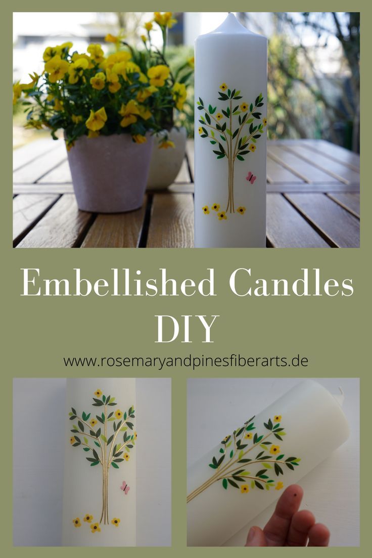 the instructions for embellished candles are shown in three different pictures, including one with yellow flowers