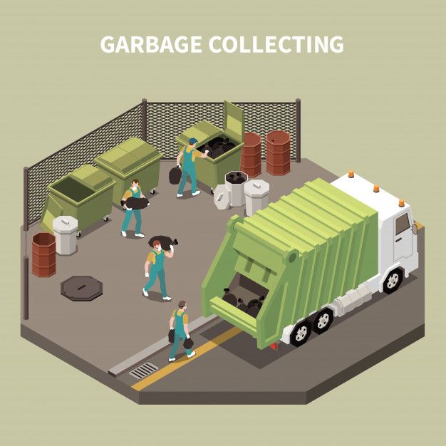 an image of people working in a garage collecting garbage and other things on the ground