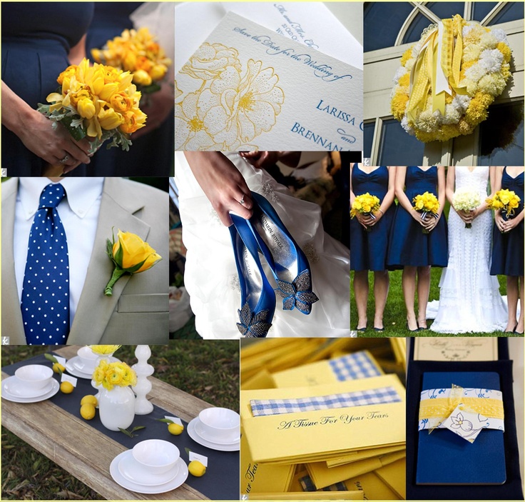 a collage of photos with yellow flowers and blue accessories on them, including bridesmaid's bouquets