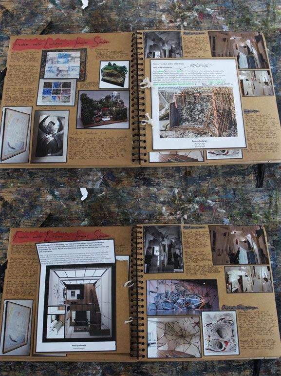 two open notebooks sitting on top of a table covered in pictures and papers with writing