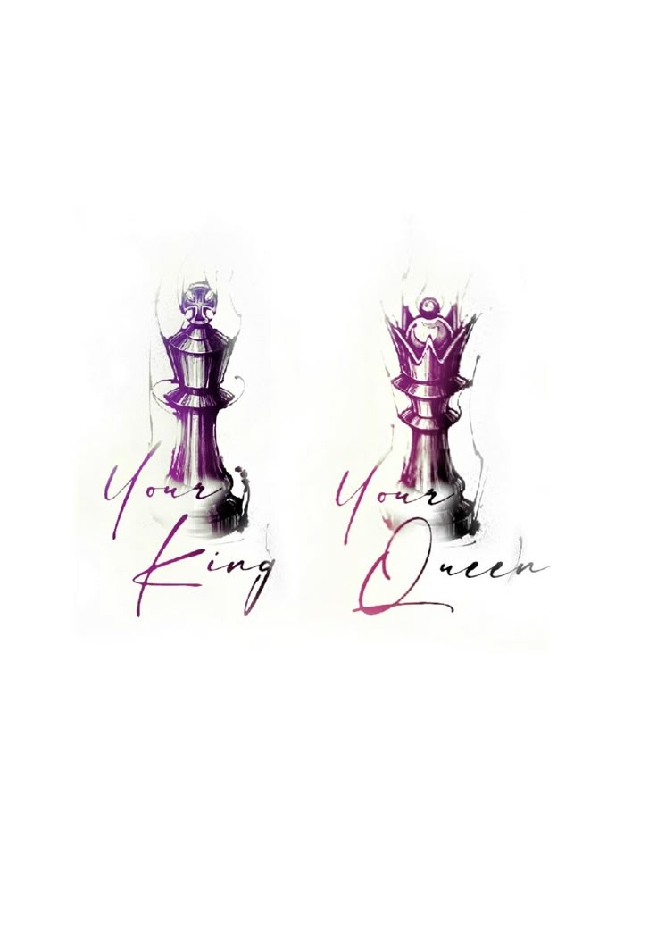 two purple chess pieces with the words king and queen written on them in cursive writing