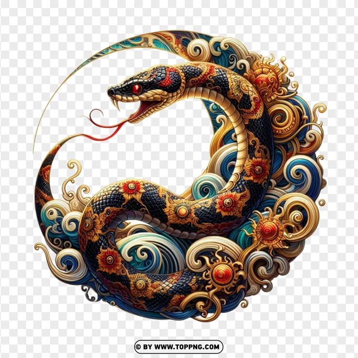 a snake is curled up in the shape of a circle with swirls and flowers on it