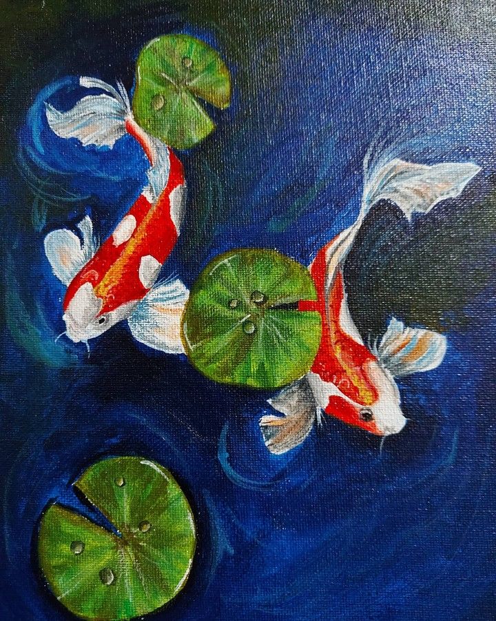 an oil painting of two koi fish and lily pads