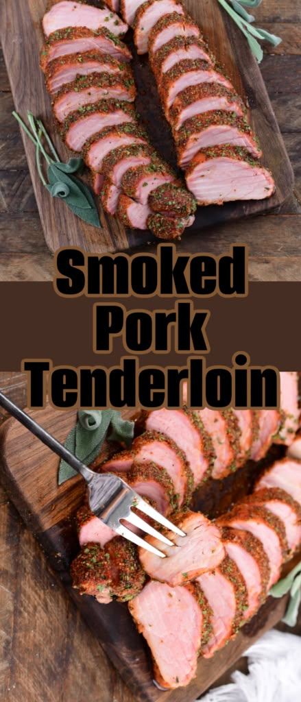 grilled pork tenderies with herbs and seasoning on a cutting board next to a knife and fork