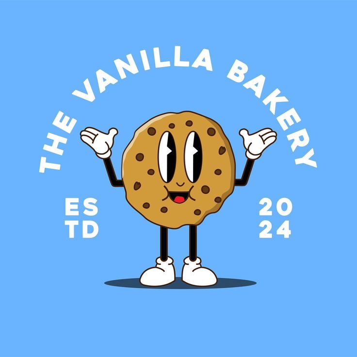 the vanilla bakery logo with a cookie character on it's face and hands up