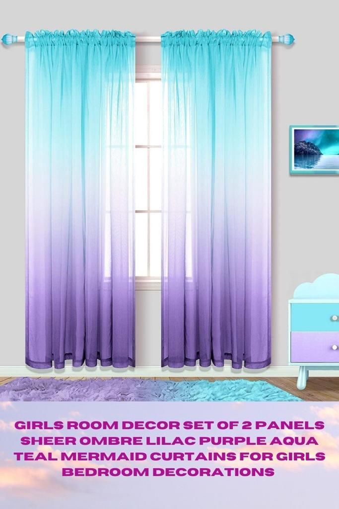 bedroom decor set of 2 panels sheer ombree lilac purple aqua teal mermaid curtains