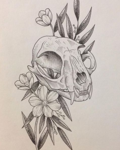 a drawing of a skull with flowers on it's head and leaves around its neck