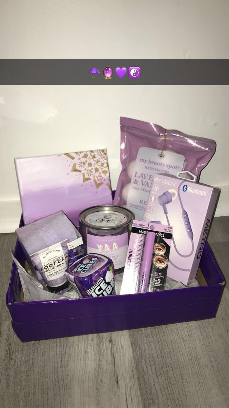 a purple box filled with lots of different items