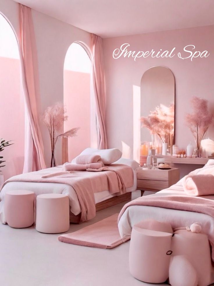 a bedroom with pink walls and white furniture