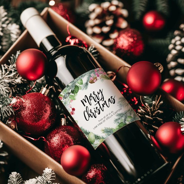 a bottle of wine in a box surrounded by christmas decorations