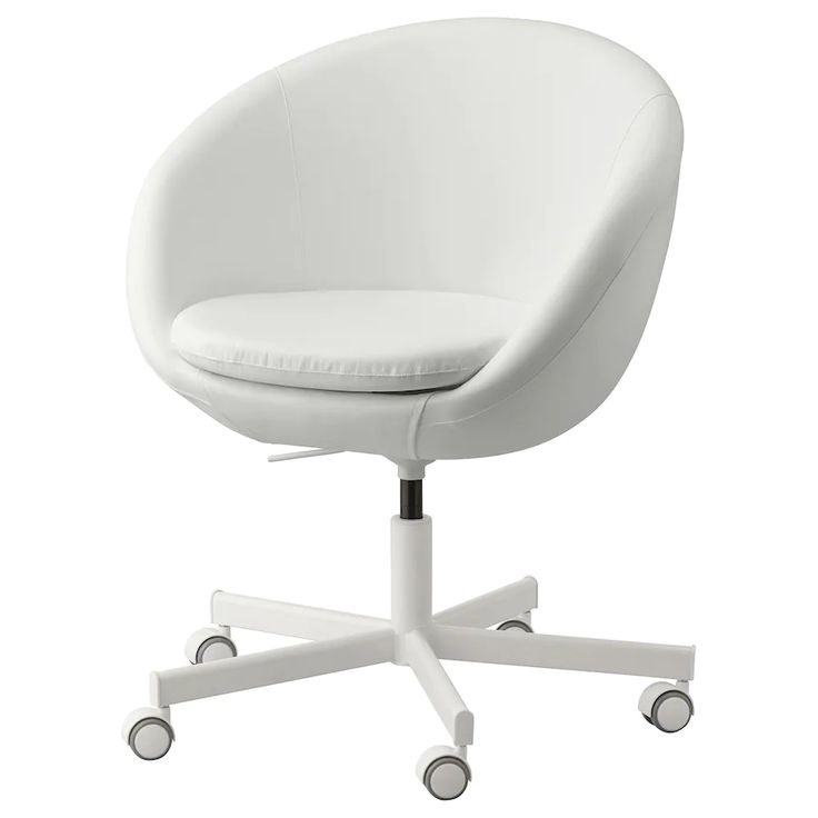 a white chair with wheels on the back and seat upholstered to it's base