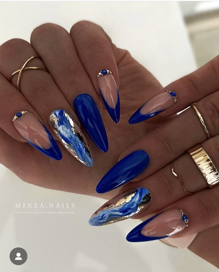 Stiletto Blue Nails, Blue Wedding Nails, Blue Nail Art Designs, Long Almond Nails, Neon Acrylic Nails, Fake Nails Long, Blue And White Nails, Blue Gel Nails, Nail Art Pictures