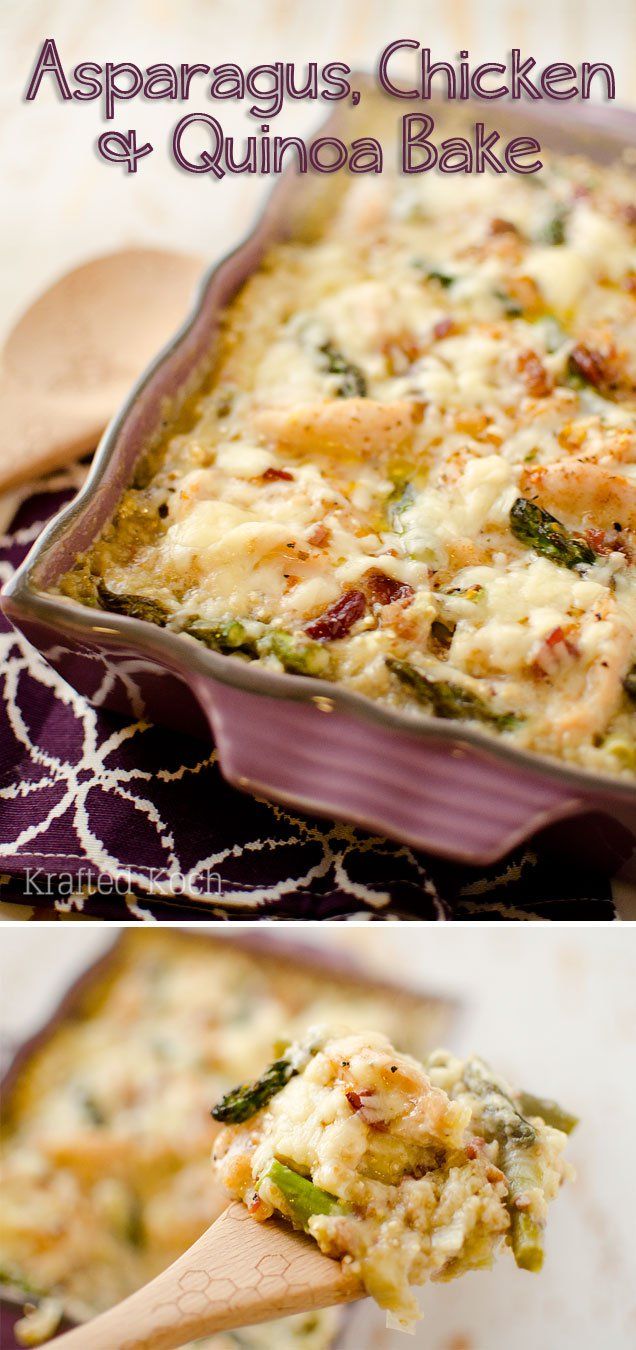 asparagus, chicken and quinoa bake on a wooden spoon in a casserole dish