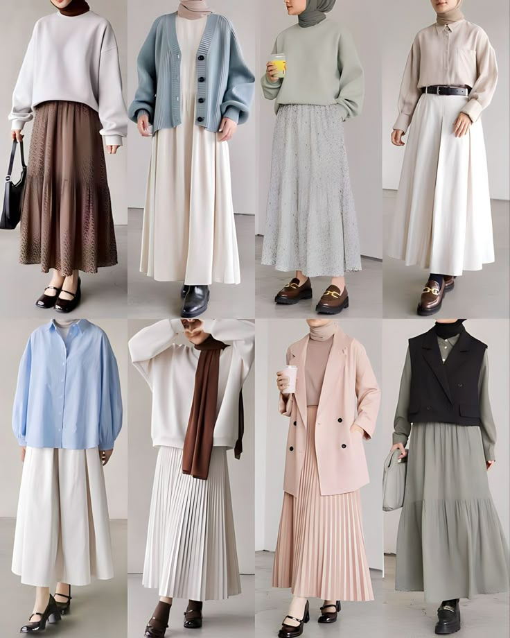 Fashion Inspo Outfits Hijab, Hijab Capsule Wardrobe, Modest Skirt Outfits Muslim, Muslimah Outfit Ideas, Outfit Kampus Hijab, Outfit Kuliah Hijab, Ootd Korean Style Hijab, Rok Korean Style, Outfit Hijab Casual Rok