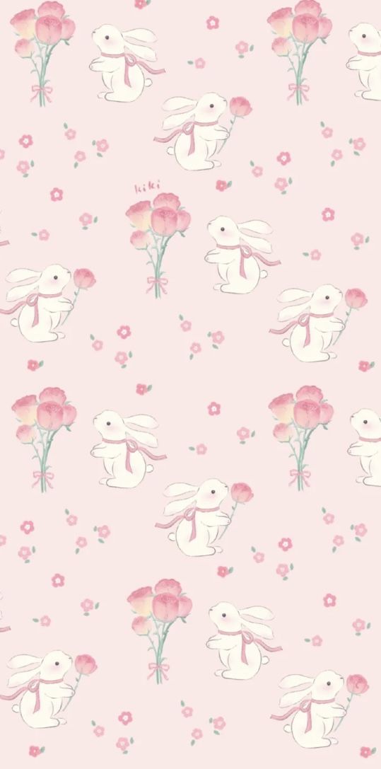 a pink wallpaper with white rabbits and flowers