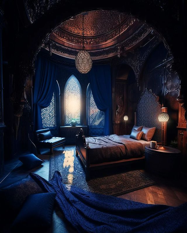 a large bed sitting under a window next to a blue rug on top of a wooden floor