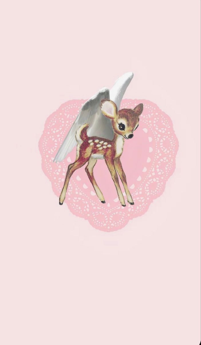 a small deer with wings on it's back standing in front of a pink background