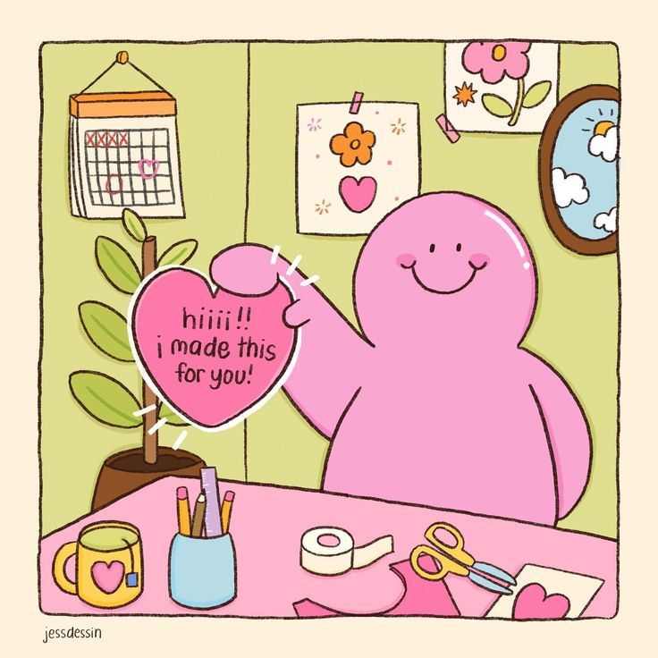 a pink cartoon character holding a heart shaped sign that says i love you with writing on it