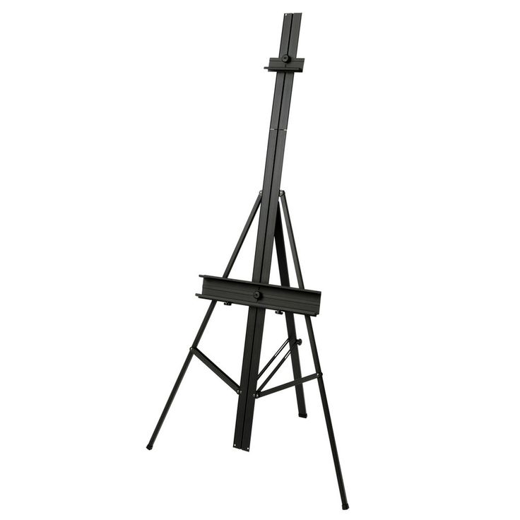 a black easel stands upright against a white background