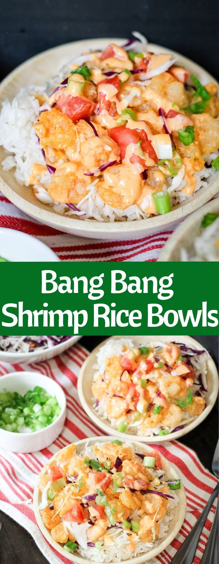 bang bang shrimp rice bowls with peas and carrots in the middle, on a red and white striped tablecloth