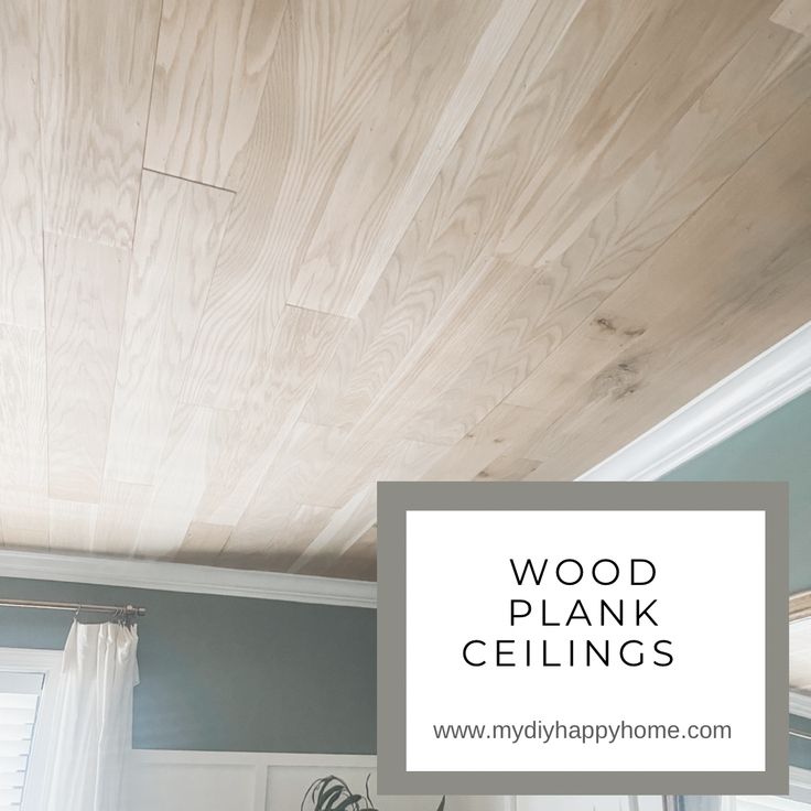 wood plank ceilings in a bedroom with the words, my happy home on top of it