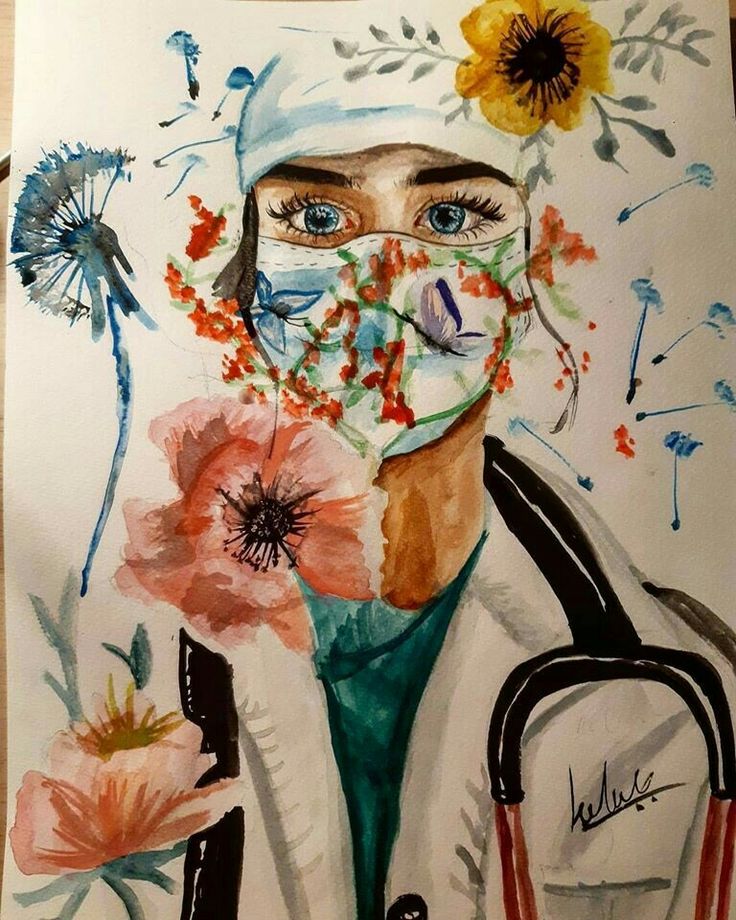 a drawing of a woman with flowers in her hair and a face mask over her mouth