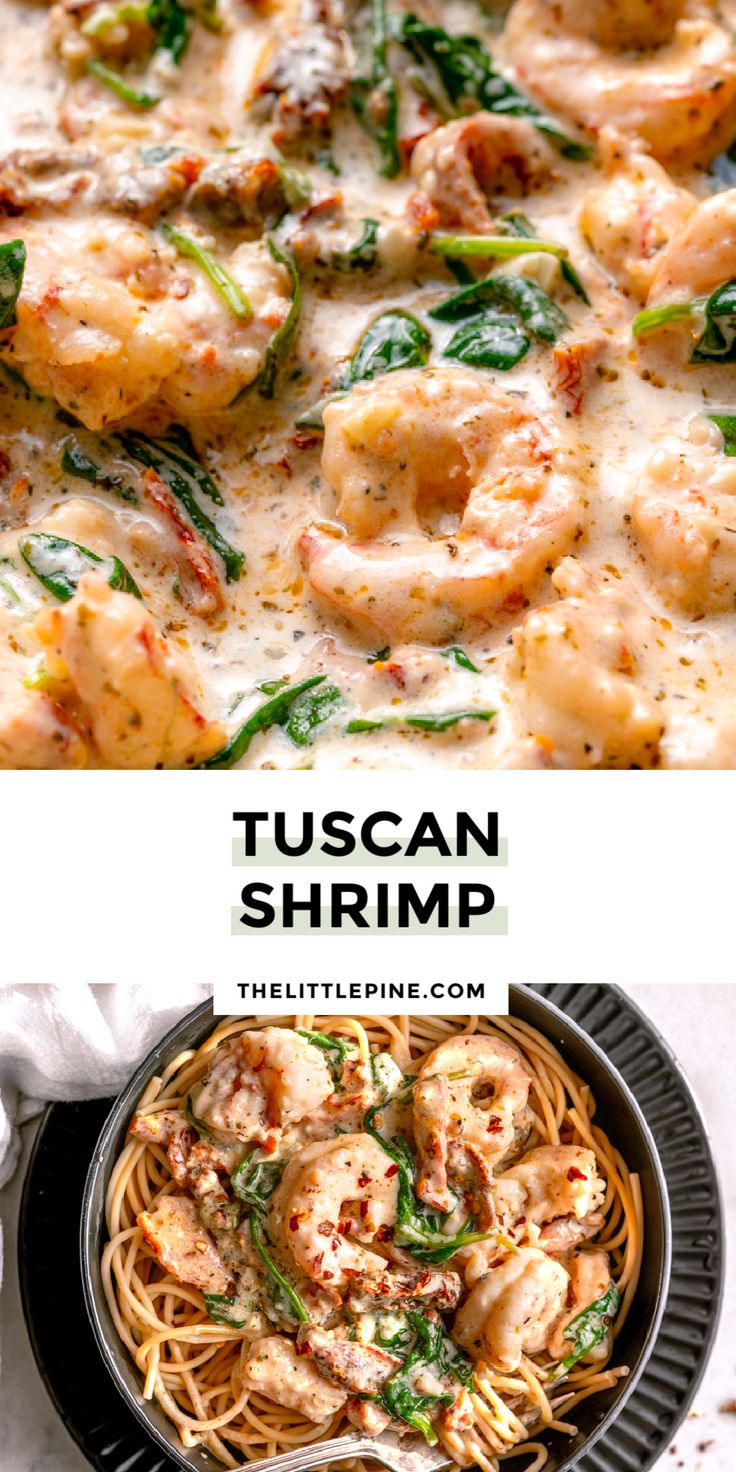 two pictures with different types of pasta and shrimp in them, one has spinach on top