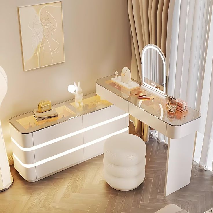 a white desk with a mirror, stool and other items on it in a room