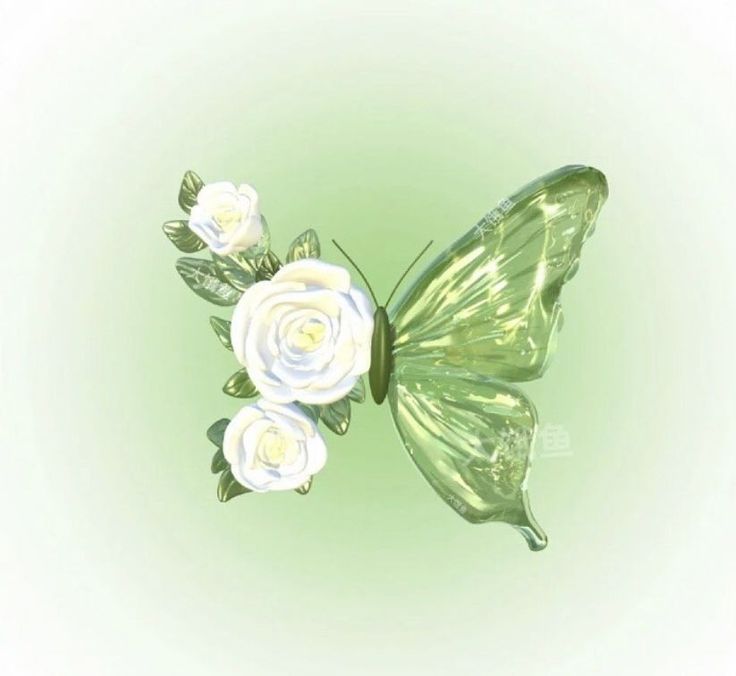 a green butterfly with white flowers on it's wings