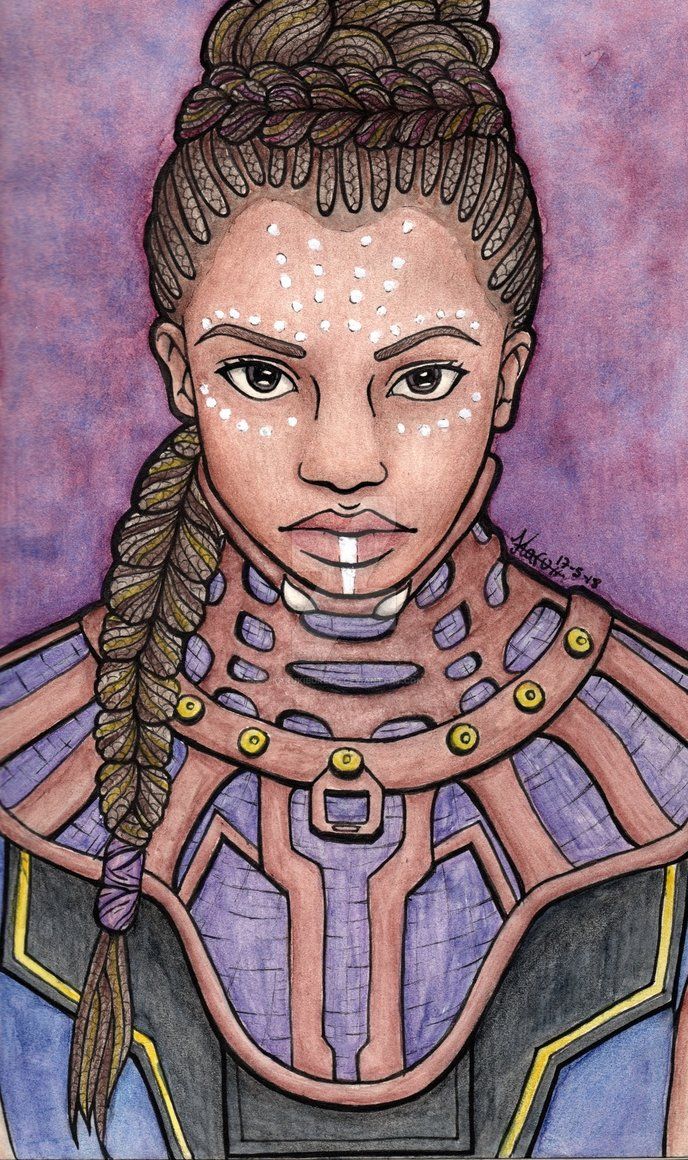 a drawing of a woman with braids in her hair and wearing a purple shirt