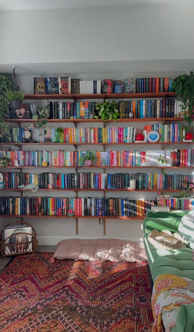 a living room filled with lots of books on shelves next to a couch and rug