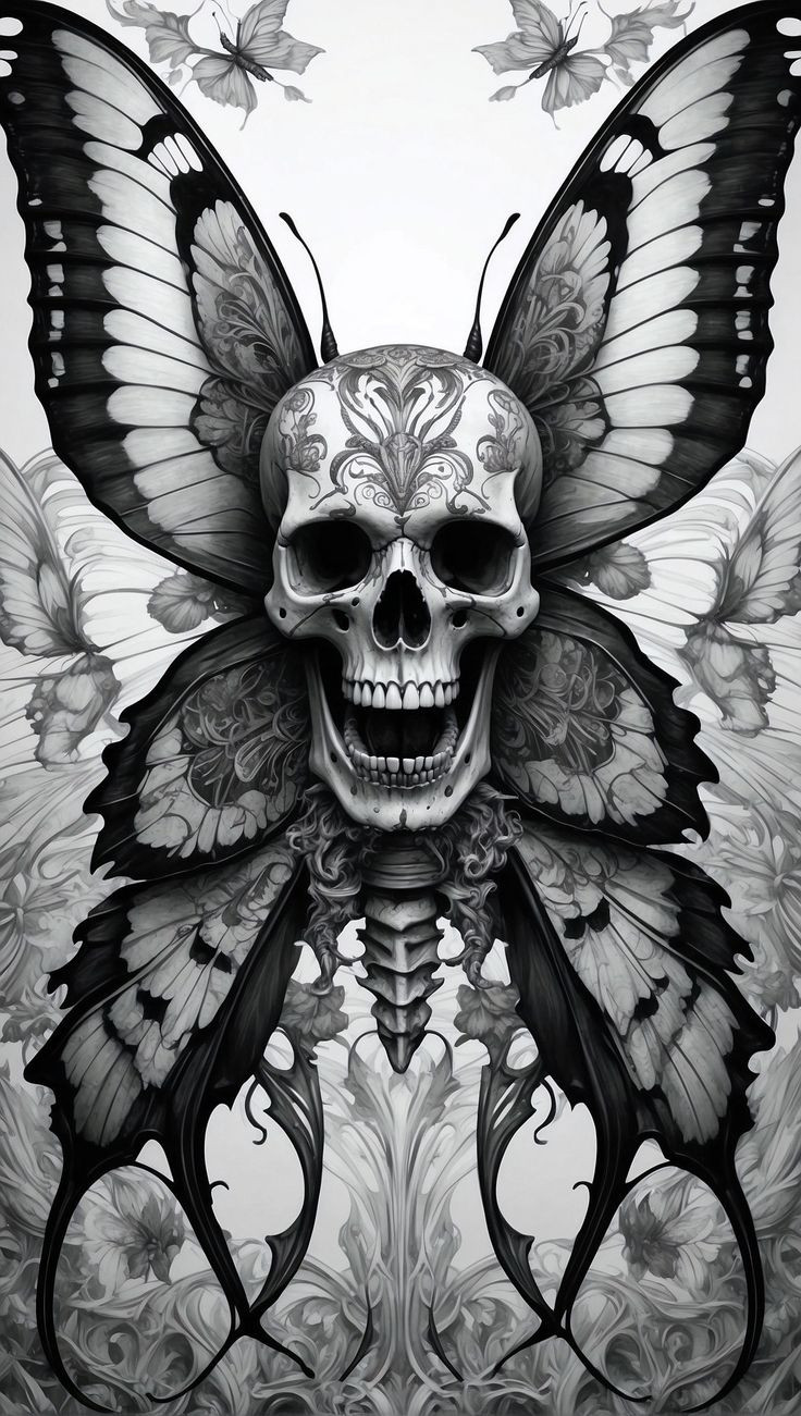 a skull with butterfly wings on it's head and an intricately detailed design