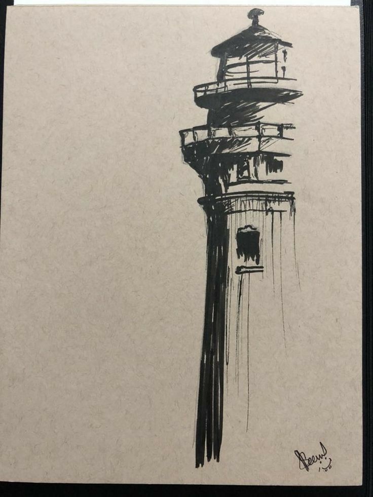 a black and white drawing of a lighthouse