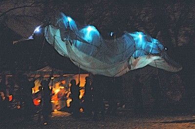 people are gathered around a tent with lights on it