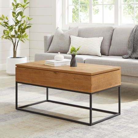 a living room with a couch, coffee table and potted plant