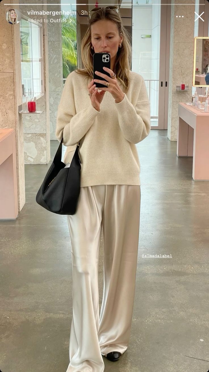 Satin Flats Outfit, Champagne Satin Pants Outfit, Ysl Casual Outfit, Chic Lazy Day Outfits, Elegant Lazy Outfit, Wide Satin Pants Outfit, Monochrome Classy Outfit, Classy Lazy Outfits, White Silk Pants Outfit