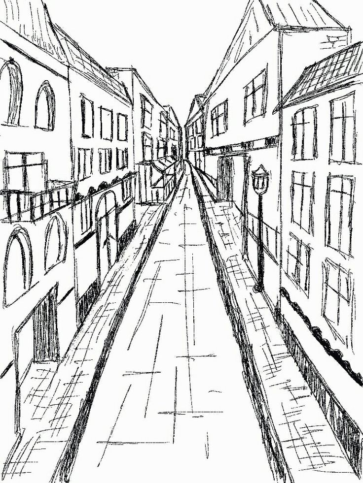 a drawing of an alley way with buildings