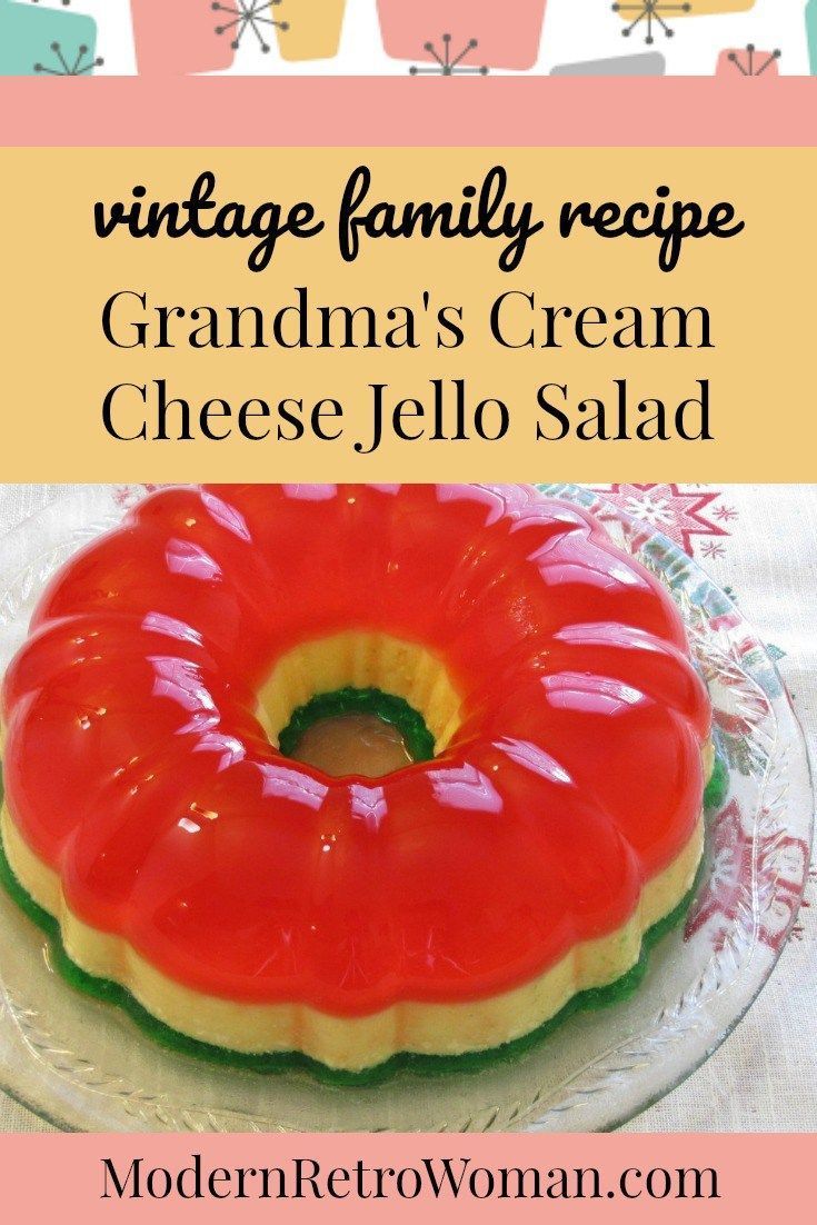 a cake with red icing on top and the words vintage family recipe grandma's cream cheese jello salad