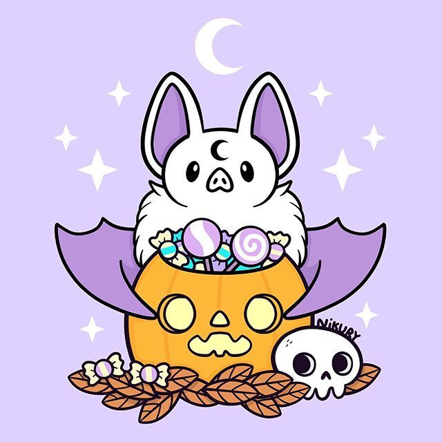 a cartoon cat sitting on top of a pumpkin with candy in it's mouth