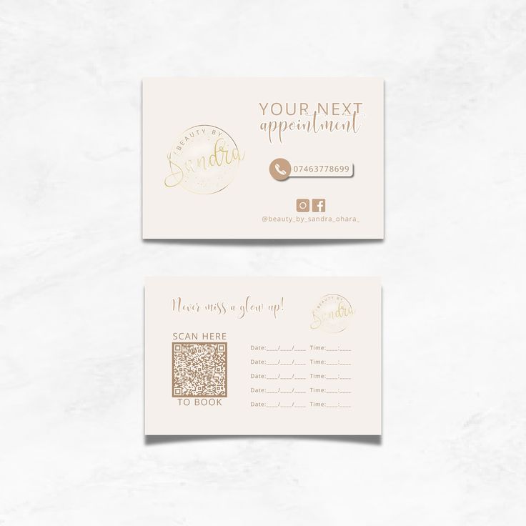 two white business cards with gold foil on the front and back, one has a stamp that reads your next special offer