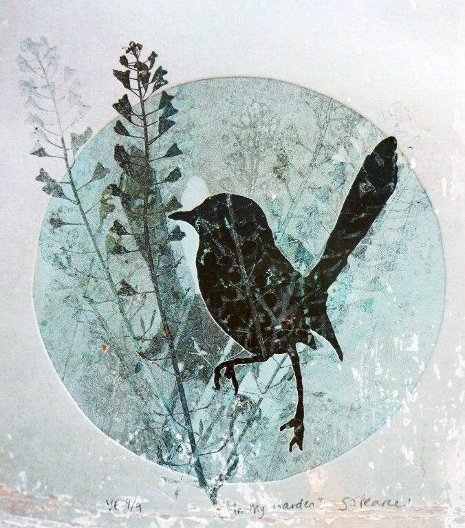 a black bird sitting on top of a leafy branch in front of a white background