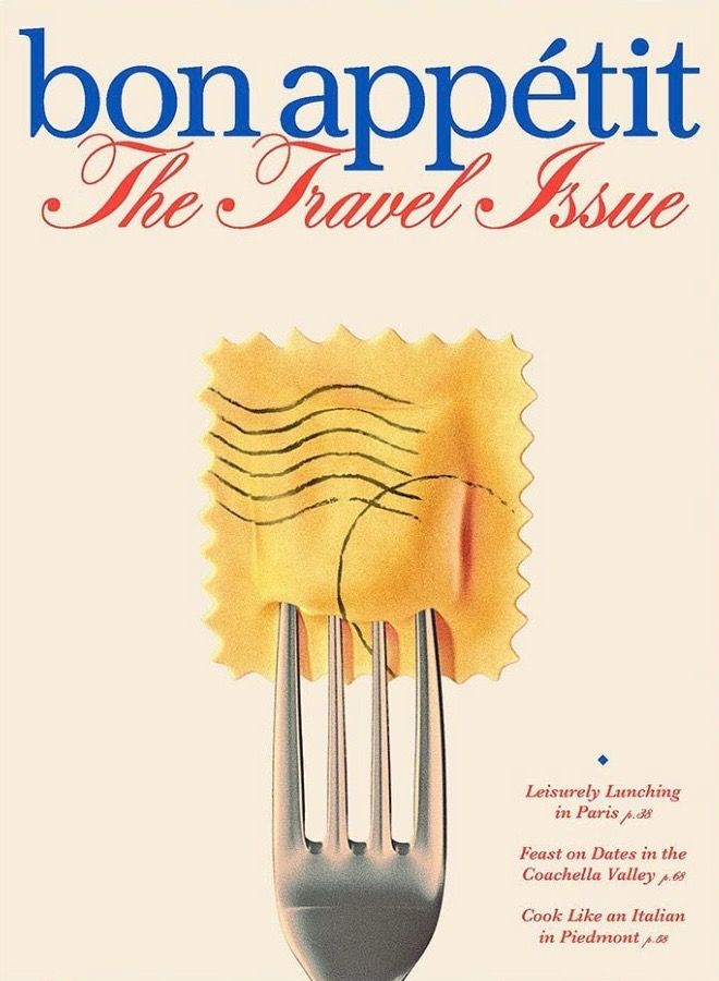 the cover of bon appetit's novel, the travel issue with a fork sticking out of it