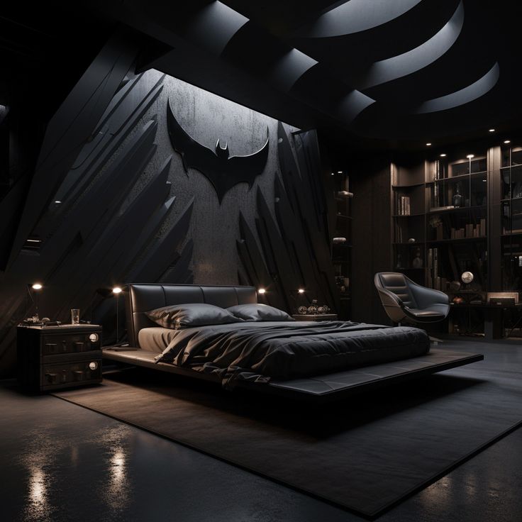 a batman themed bedroom is shown in black and grey colors, with the bed lit up at night