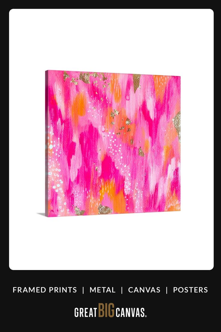 a pink and orange painting on a white background with the words, framed prints metal canvass