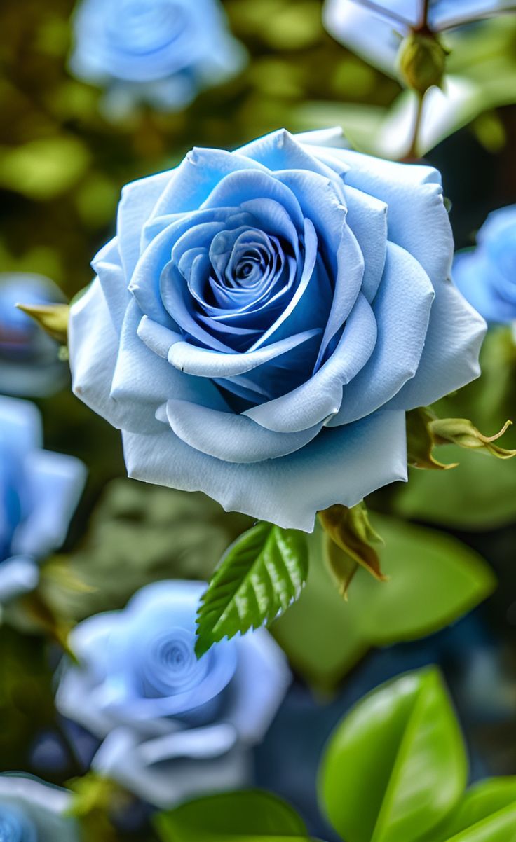 a blue rose with green leaves in the foreground and other blue flowers in the background