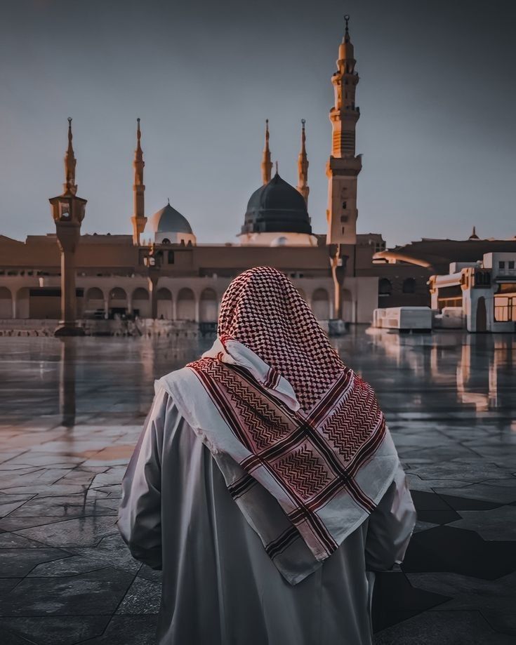 a person standing in front of a large building with many minarets on it