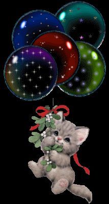 a cat is holding onto some balloons in the air