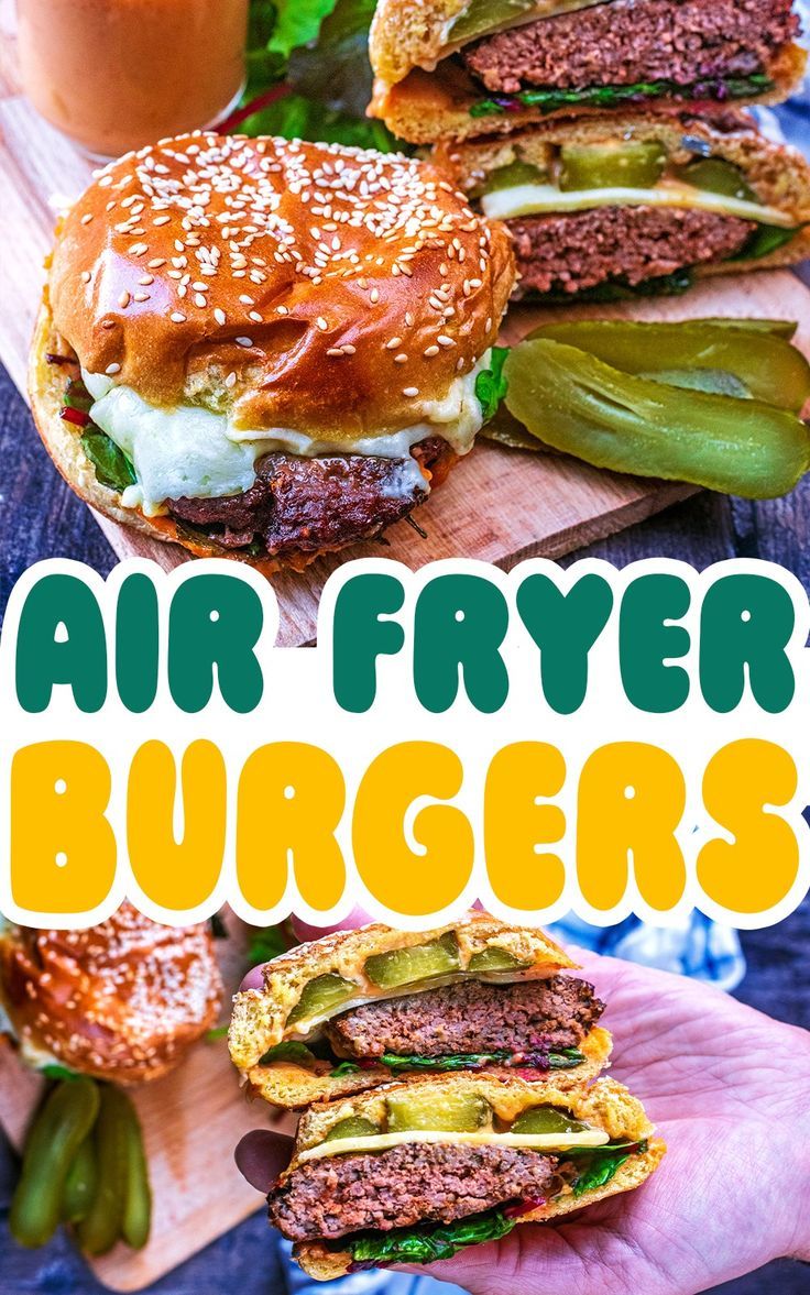 Air fryer burgers with a text title overlay. Burger Air Fryer, Air Fryer Burgers, Perfect Burger Recipe, Homemade Burger Patties, Air Fryer Cheese, Beef Burgers Patties, Mexican Burger, Cheese Burgers, Fakeaway Recipes