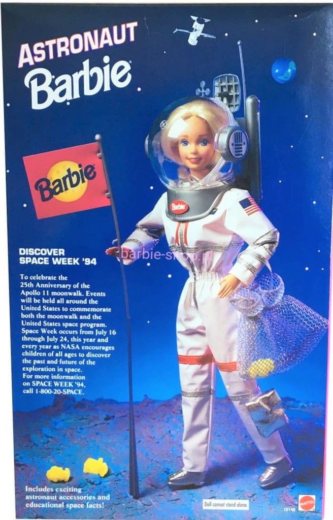 an advertisement for barbie's astronaut barbie doll with space suit and flag in hand